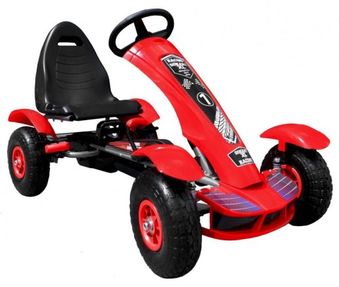 Gokart na pedały Racing XL dla dzieci 3+ Czerwony + Pompowane koła + Regulacja fotela + Wolny bieg Gokart na pedały Racing XL dla dzieci 3+ Czerwony + Pompowane koła + Regulacja fotela + Wolny bieg