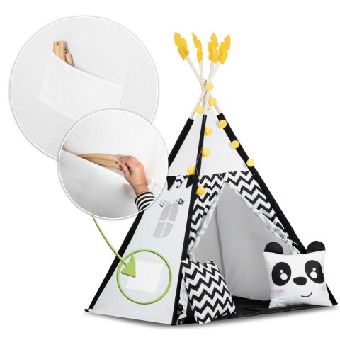 Namiot tipi dla dzieci z girlandą i światełkami Nukido biało czarny z pandą Nukido Namiot tipi dla dzieci z girlandą i światełkami Nukido biało czarny z pandą Nukido